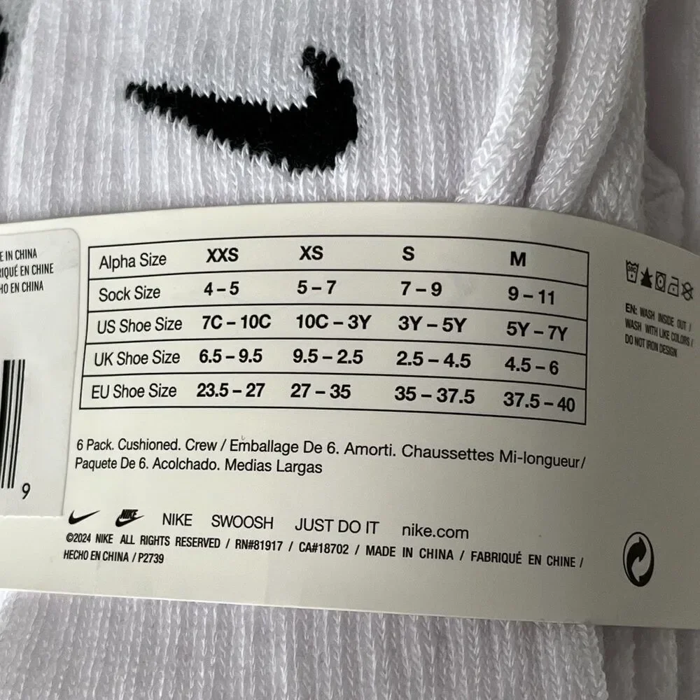 NIKE Boys Cushioned Crew Socks (6 Pairs) Sz 5-7 Fits Youth Shoe Sz 10C-3Y White